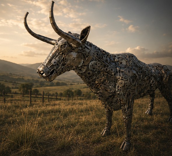 Steel bull sculpture with long horns in a pasture