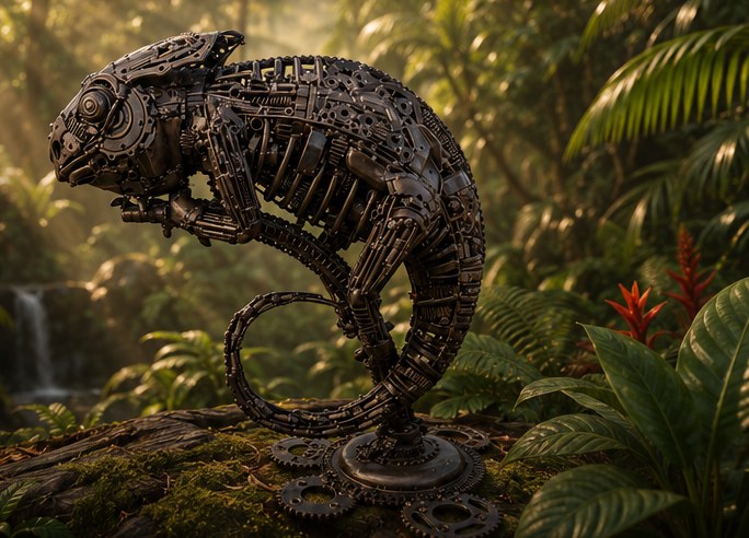 Reclaimed steel chameleon perched on a mossy log in a rainforest